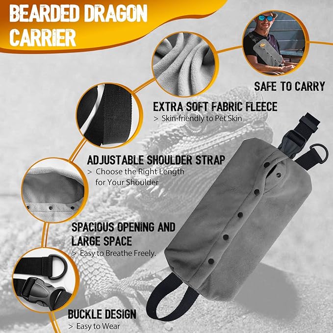 WATFOON Adjustable Lizard Leash Bearded Dragon Harness Leather Cool Wings Training Leashes Reptile Carrier Bearded Dragon Sling Carrier (Black, Leash + Grey Sling) WATFOONpets