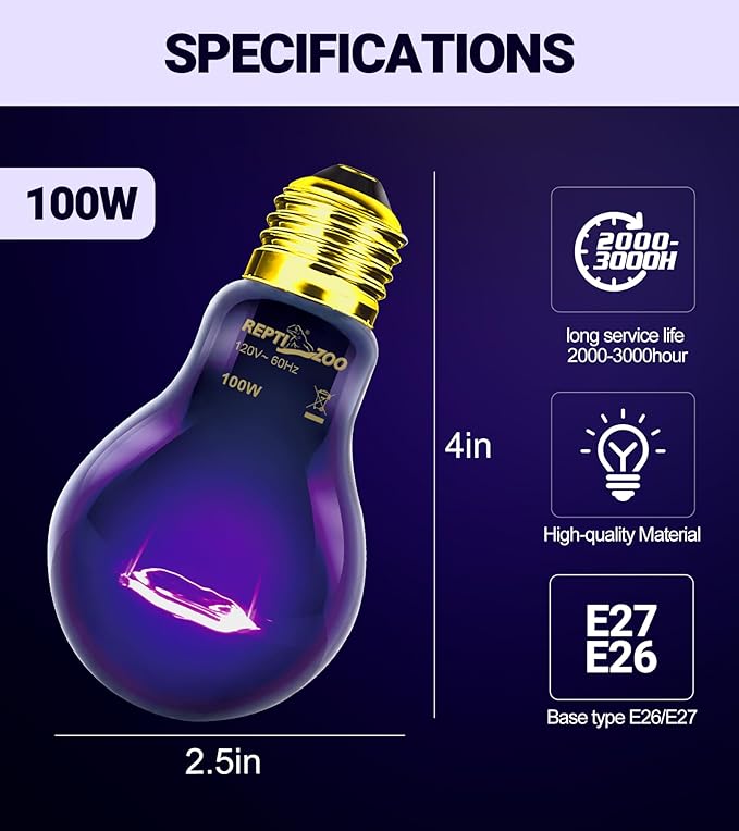REPTI ZOO 2Pack Reptile Heat Lamp 100W Reptile Night Heat Bulb Night Heat Lamp Without UVA for Turtle Bearded Dragon Gecko Lizard and Snake E26/E27 Purple REPTIZOO
