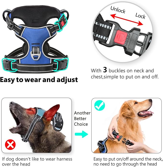 Timos Dog Harness for Large Dog, No Pull Service Vest with Reflective Strips and Control Handle,No Choke Dog Harness with 2 Metal Rings for Easy Walking,Outdoor Training,Blue, L Timos