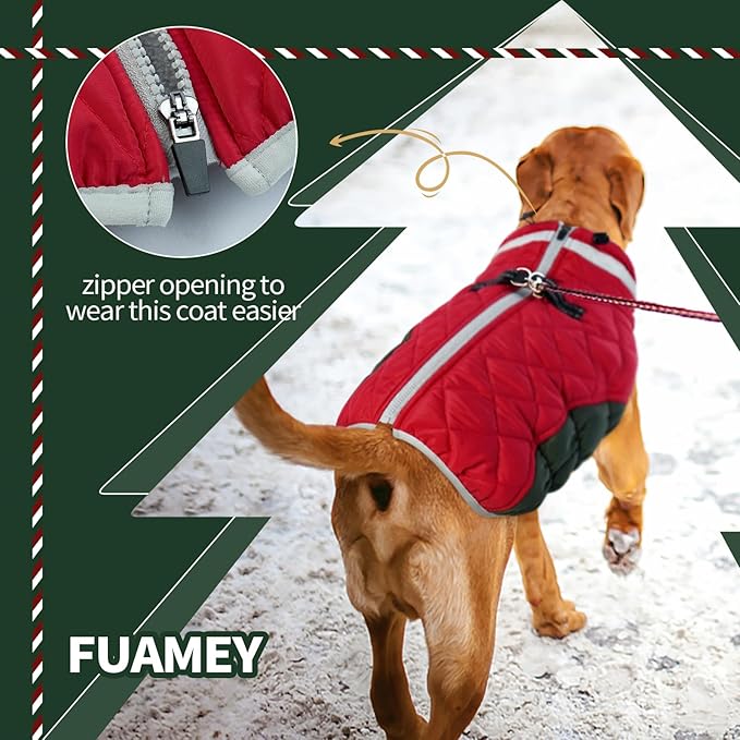 FUAMEY Dog Winter Jacket,Dog Cold Weather Coats Paded Dog Vest with Harness Built in Pet Warm Clothes Dog Apparel with Back Zipper Dog Water Resistant Coat for Small Medium Large Dogs Christmas XS - PAWPICO