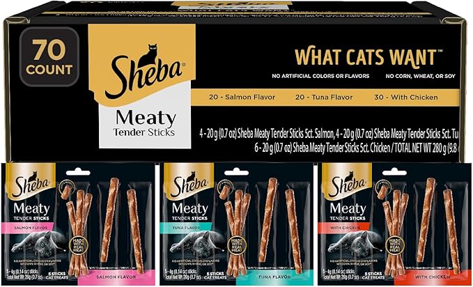 Sheba Meaty Tender Sticks Soft Cat Treats with Chicken, Tuna Flavor, and Salmon Flavor, 0.14 oz., 70 Count Sheba