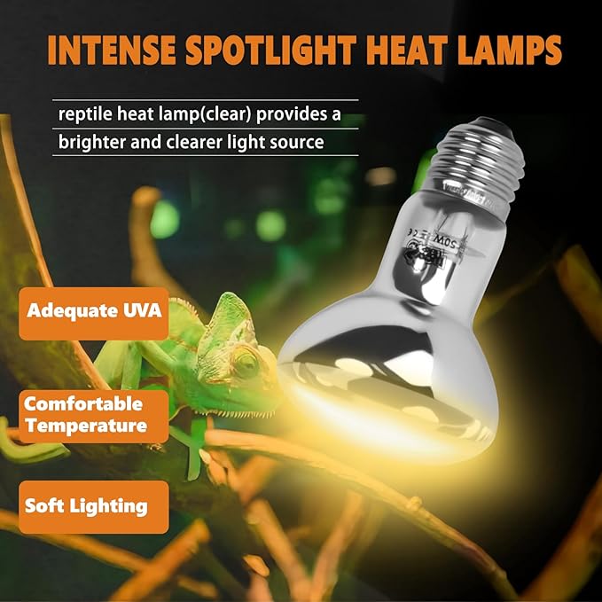 LUCKY HERP Heat Lamp Bulbs, UVA Intense Basking Spot Light Reptile Heat Lamp(Clear) 50W, Simulated Natural Sunlight Heat Lamp Bulbs for Reptile, Bearded Dragon, Amphibian, Turtle, Snake, Lizard LUCKYHERP