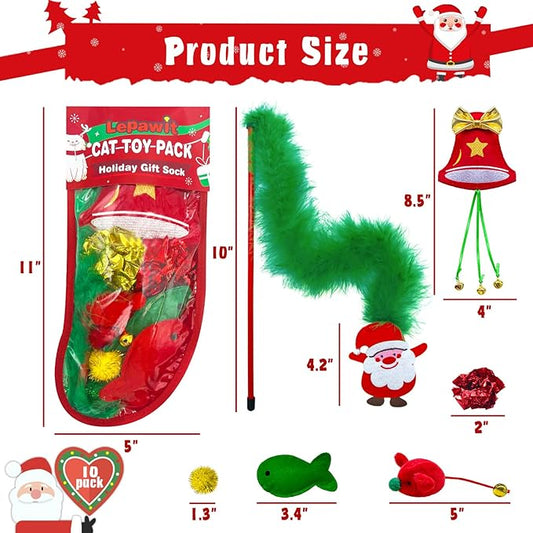 Cat Christmas Stocking, 10 Pack Christmas Cat Toys for Indoor Cats, Includes Catnip Toys, Cat Teaser, Cat Balls and Feather Toys, Great Value for Cats - PAWPICO