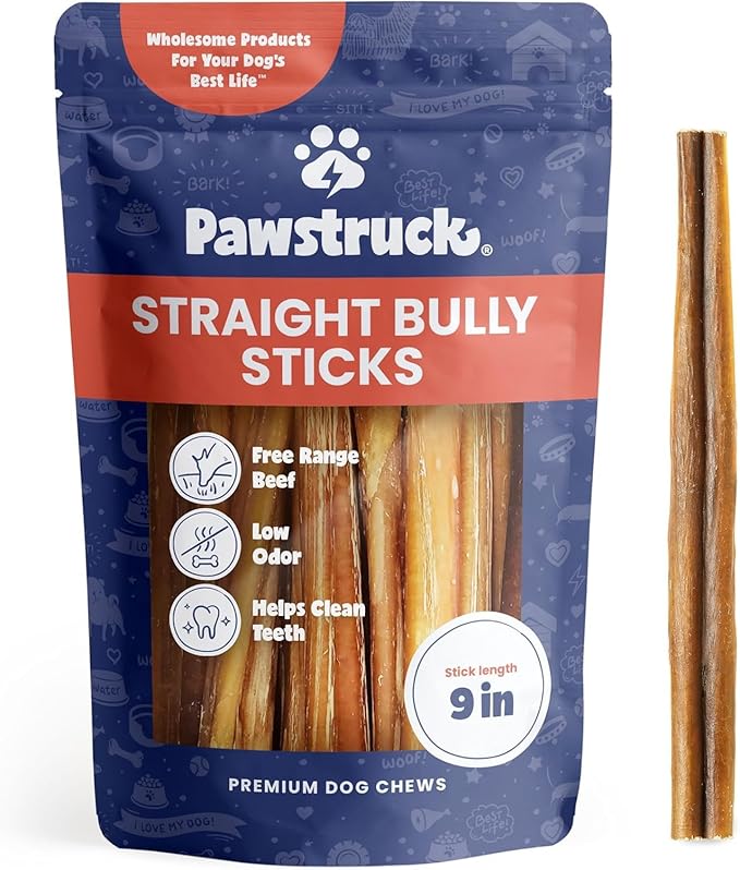 Pawstruck All-Natural 9" Bully Sticks for Dogs - Best Long Lasting, Rawhide Free, Low Odor & Grain Free Dental Chew Treat - Healthy Single Ingredient 100% Real Beef - 1 lb. Bag - PAWPICO
