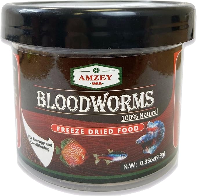 Amzey Blood Worms 0.35oz -100% Natural Freeze Dried Blood Worms - Aquarium Fish Food - High Protein Food for Betta Fish, Food for Goldfish, Cichlid, Guppy, Discus, Turtle Amzey