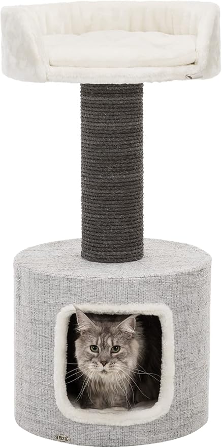 TRIXIE Fonda Cat Scratching Post 39 Inch - Cat Scratcher with Soft Fabric Covering Base and Durable Sisal Rope - for Large Cats with Condo Base and Platform - in Gray - PAWPICO