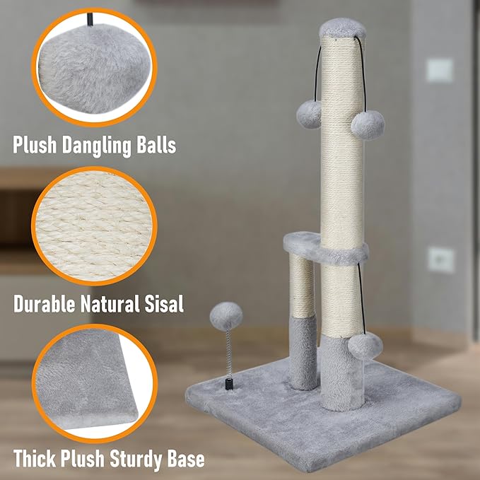 Dimaka Tall Cat Scratching Post, Double Lower Posts Extra Stable Cat Post Tree Scratcher with Sisal Rope and Teasing Balls, 4 Balls Total Large Base (Grey 26" - PAWPICO