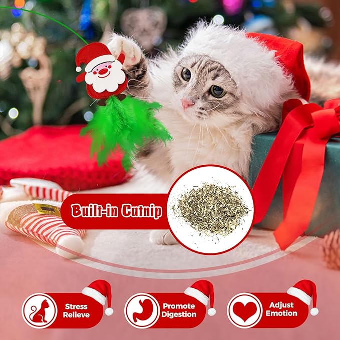 Christmas Cat Toys,4 Pack Cat Wand Toys for Indoor Cats, Cat Gifts with Catnip and Feathers for Christmas, Christmas Cat Wand for Cats and Kitten - PAWPICO
