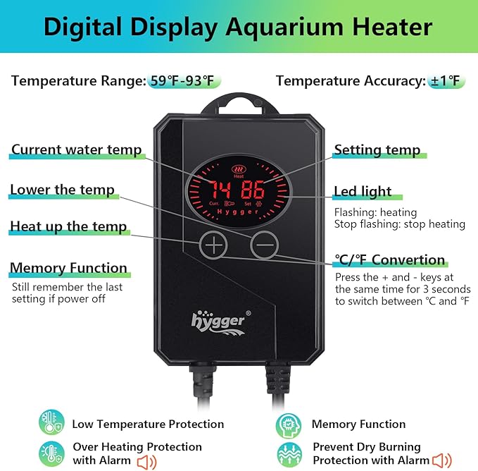 hygger Aquarium Heater 1000W,Submersible Fish Tank Heater with Adjustable Temperature Digital LED Controller,Overheating & Auto Shut Off Protection,for Saltwater & Freshwater Fish Tank 110-240Gallon hygger
