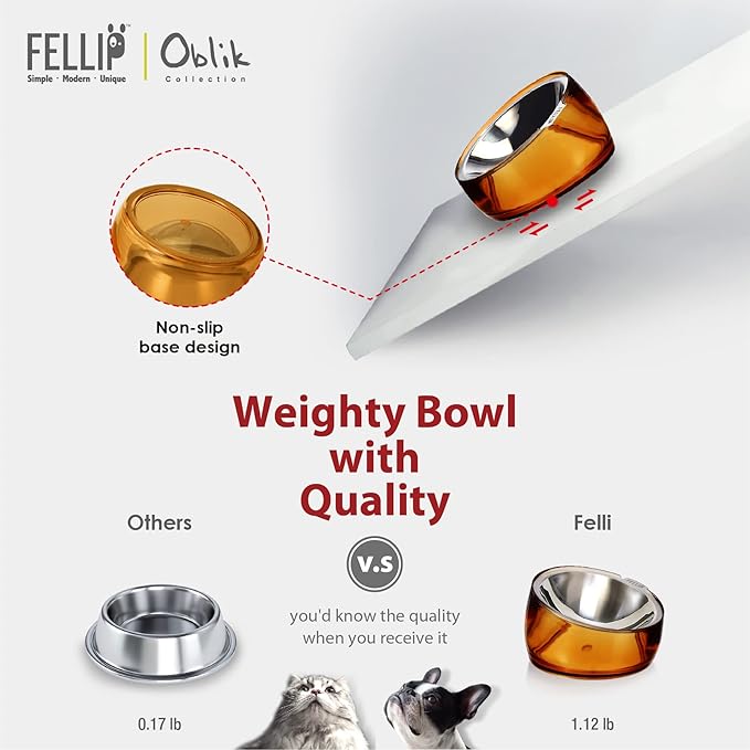 Felli Pet Oblik Anti Whisker Fatigue & Regurgitation Raised Cat Food Water Bowl, Tilted Stainless Steel Shallow Dish Dishwasher Easy Clean, Elevated Dry Wet Metal Feeder Slanted Plate (0.5Cups, Gold) - PAWPICO
