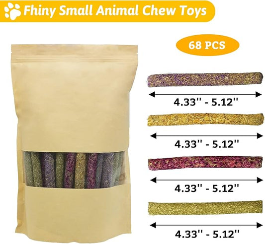 Fhiny 68 PCS Rabbit Chew Sticks, Natural Petals Timothy Hay Sticks Guinea Pig Chewing Toys for Teeth Small Animals Molar Snacks for Bunny Guinea Pig Chinchilla Hamster Fhiny
