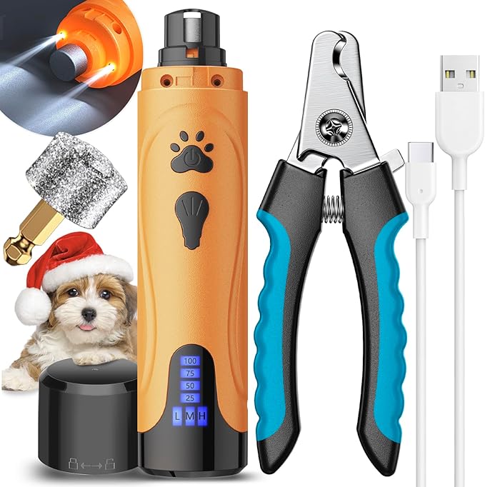 YABIFE Dog Nail Grinder, Dog Nail Trimmers and Clippers Kit, Super Quiet, Rechargeable, for Small Large Dogs Cats Toenail Claw Grooming,3 Speeds, 1 Extra Grinding Wheel - PAWPICO