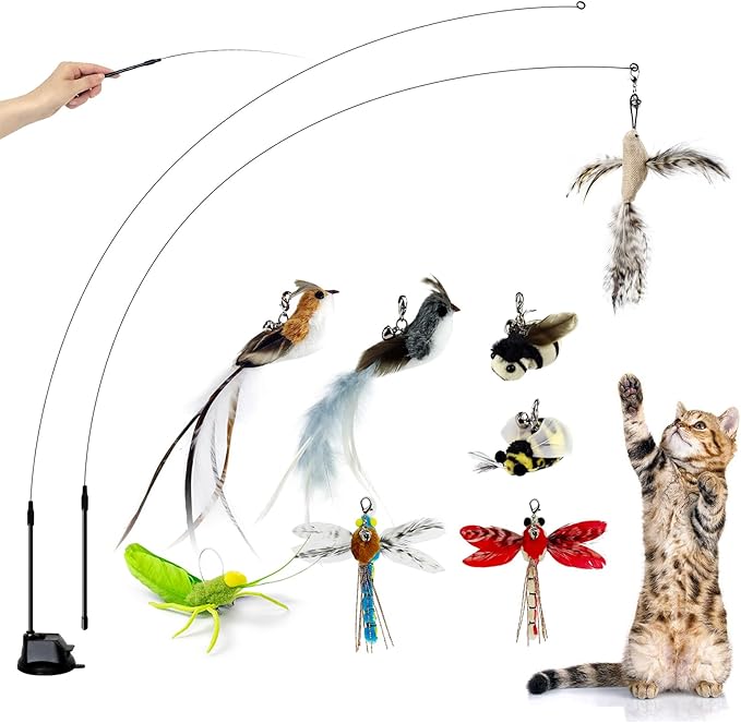 Cat Feather Toys with 1 Suction Cup,2 Cat Wands,8Pcs Birds and Insects Simulation Feather Refills with Bells, Interactive Toys for Indoor Cats and Kitten. - PAWPICO