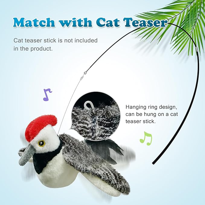 LEWISER Woodpecker Cat Toys, Rechargeable Simulation Bird Cat Toy, Flapping Wings and Lively Chirping, Interactive Catnip Toys for Kitten Kitty Exercise, Touch Activated - PAWPICO