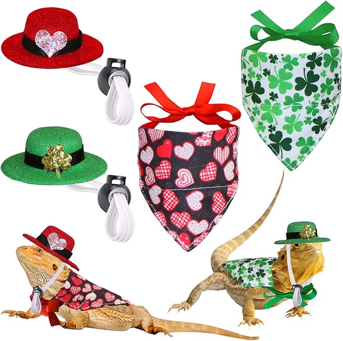 4 Pcs Bearded Dragon Valentine’s Day St. Patrick’s Day Costumes, Lizard Valentines St Patricks Hats Bandanas Outfits for Bearded Dragon Lizard Hamster Guinea Pig Small Animal JOTFA