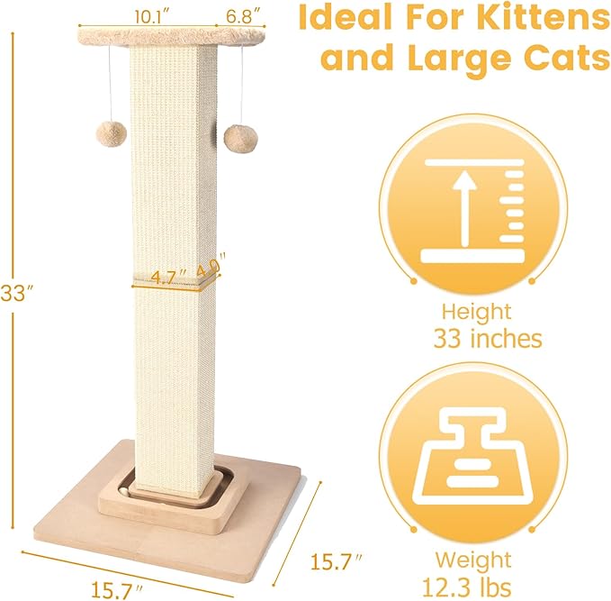 Cat Scratching Post,33 Inches Heavy Duty and Thicker Cat Scratching Posts for Indoor Cats Adults,Tall Cat Scratching Post with Interactive Toys and Hanging Ball, Protect Your Furniture, Beige - PAWPICO