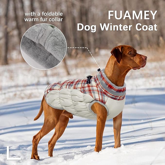 FUAMEY Dog Winter Coat,Dog Jackets with Harness Built in Dog Cold Weather Coats Dog Paded Vest Dog Apparel with Zipper on Back Pet Reflective Clothes for Small Medium Large Dogs Red Plaid S - PAWPICO