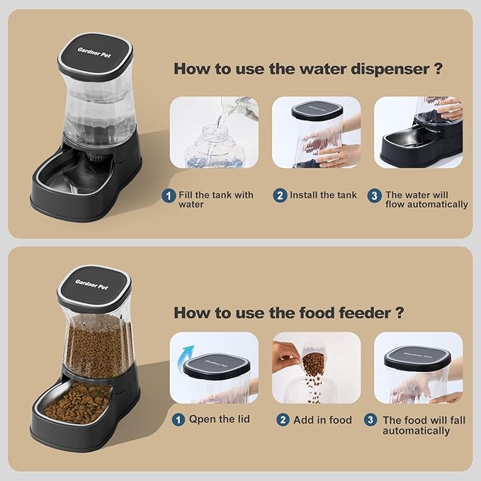 Automatic Pets Gravity Feeder and Water Dispenser Set with Stainless Steel Bowl, 1Gallon x 2 Stable Dog Food Feeder and Waterer, 100% BPA-Free for Small&Medium Dogs, Cats, Puppies(Black) - PAWPICO