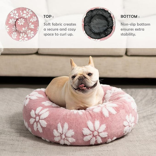 Donut Dog Beds for Small Dogs, Calming Round Cat Beds for Indoor Cats, Cute 3D Textured Flower Pet Bed with Removable Washable Cover and Anti-Slip Bottom(Pink,23") - PAWPICO
