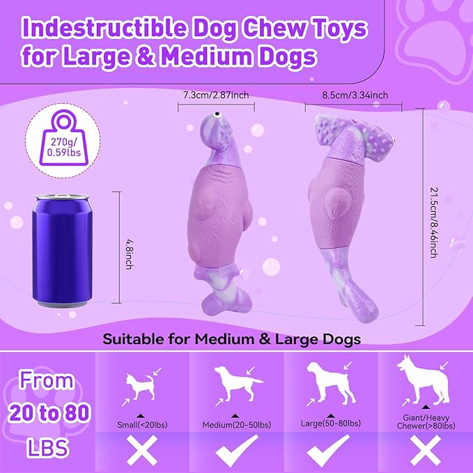 Dog Toys for Aggressive Chewers, Interactive Dog Chew Toys for Large Dogs, Indestructible Squeaky Dog Toys to Keep Them Busy, Tough Dog Toys for Medium/Large Breed Dogs (Purple, Hammerhead Shark) - PAWPICO