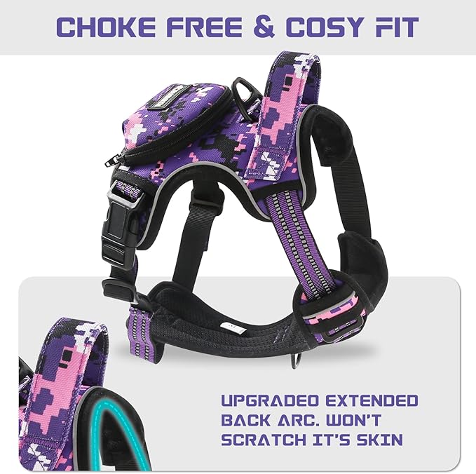 No Pull Dog Harness for Large Dogs, Adjustable No Choke Pet Vest with Dog Leash Fit Smart Reflective Pet Walking Harness for Training Easy Control Soft Handle Purple Camo XL BUMBIN