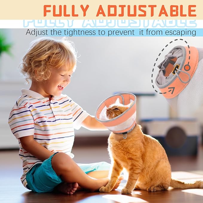 Cat Cone, Breathable Cat Cone Collar Soft, Adjustable Cat Cone to Stop Licking, Water Resistant Neck Cone for Cats with Air Mesh, Protective Cat Recovery E Collar for Cat Kitten(Orange, M-3 GoGoPaw