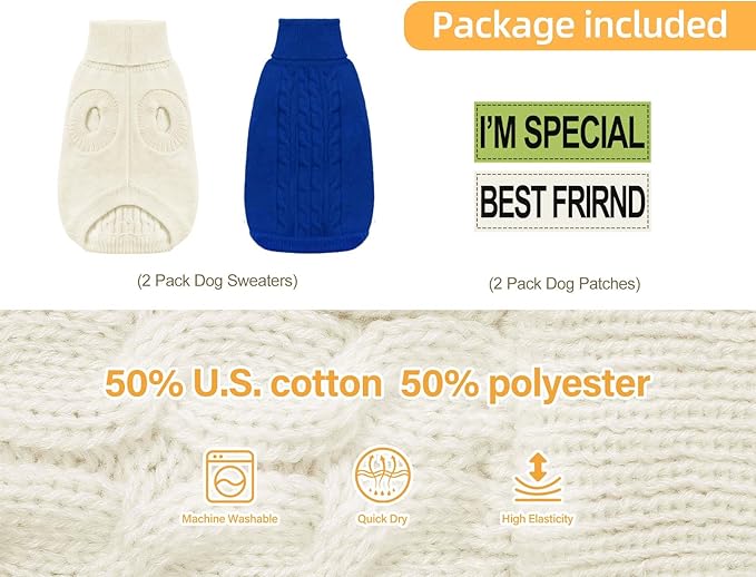 2 Pack Dog Sweaters for Small Dogs - Puppy Medium Warm Clothes in Winter, Turtleneck Pullover Design for Boy Girl Pet, Doggie, Cat, Kitten Chihuahua Bulldog Pug Beagles (XS, Blue, Beige) - PAWPICO