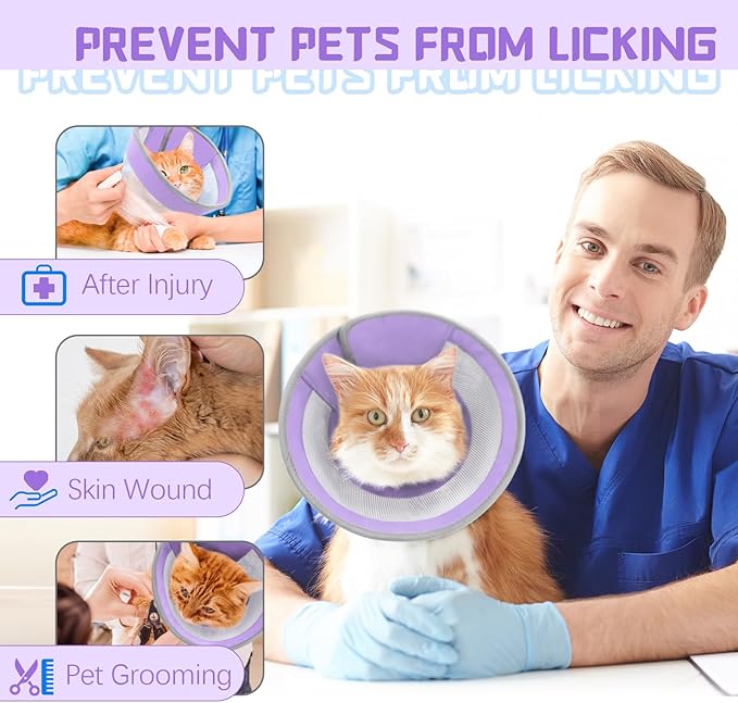Cat Cone, Breathable Cat Cone Collar Soft, Adjustable Cat Cone to Stop Licking, Water Resistant Neck Cone for Cats with Air Mesh, Protective Cat Recovery E Collar for Cat Kitten(Purple,S-2 GoGoPaw