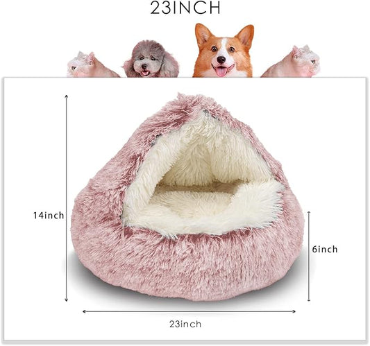 ShinHye Cat Bed Round Plush Fluffy Hooded Cat Bed Cave, Cozy for Indoor Cats or Small Dog beds, Soothing Pet Beds Doughnut Calm Anti-nxiety Dog Bed - Waterproof Bottom Washable (26×26inch, Pink) - PAWPICO