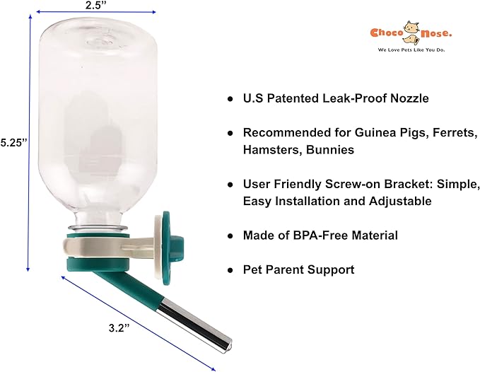 Choco Nose Patented No-Drip Water Bottle/Feeder for Guinea Pigs/Hamsters/Bunnies/Ferrets/Other Small Pets, Critters and Animals - for Cages, Crates or Wall Mount. 10.2oz. Nozzle 10mm, Green (C128) ChocoNosePetSupplyWeLovePetsLikeYouDo