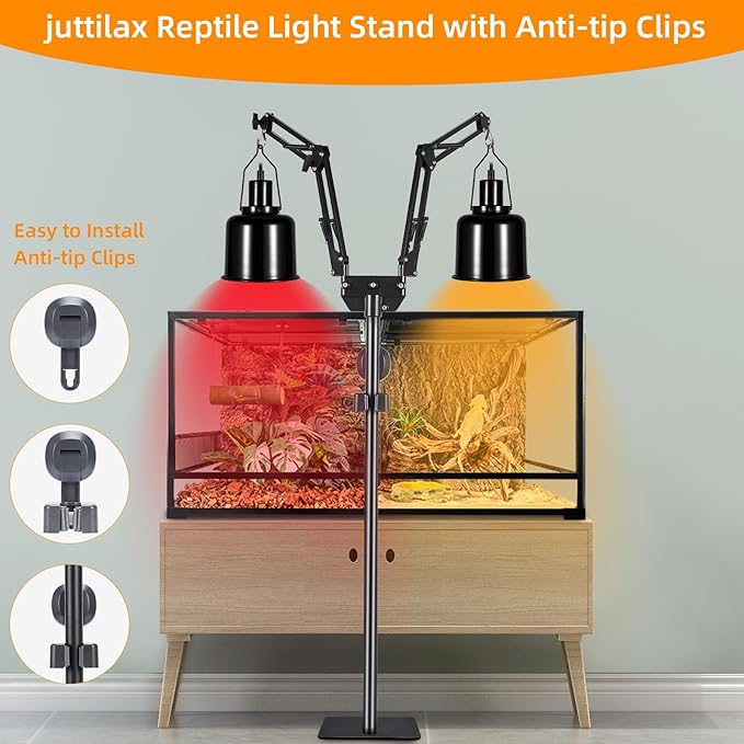 Dual Reptile Lamp Stand Reptile Heat Lamp Stand, Adjustable Reptile Light Stand (15.7-74.3inch) with 360°Swing Arm and Anti-tip Clip,Reptile Lamp Holder for Reptile Tank and Amphibians Cage PAWPICO