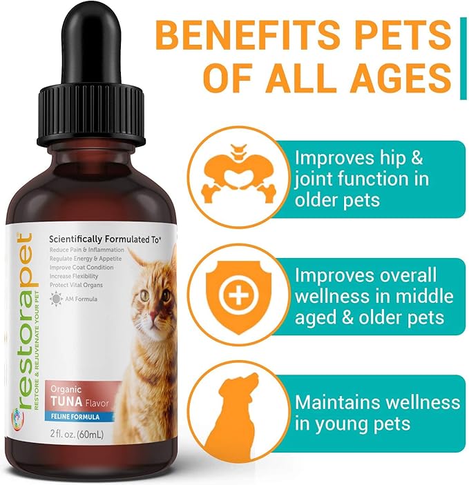 RestoraPet Organic Cat Supplement | Healthy & Safe Antioxidant Liquid Drops | Anti-Inflammatory Multi-Vitamin | Increases Mobility & Energy | Cat Joint Supplement | Tuna Flavored RestoraPet