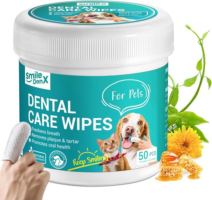 Dog Dental Care Wipes - Cat & Dog Teeth Cleaning Finger Wipes - Dog Tooth Brushing Kit Dental Wipes - Reduces Plaque & Freshens Breath, Beef Flavor (50 Pcs) SmileDenX