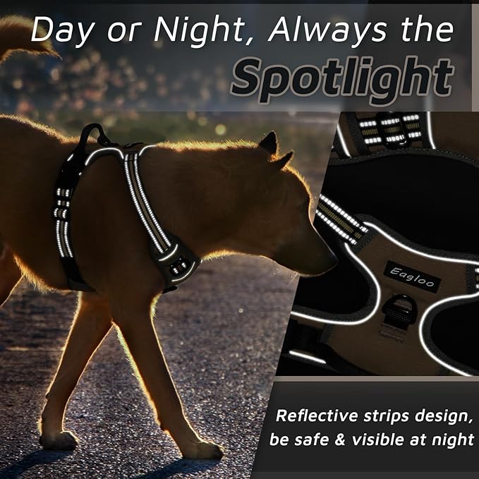 Eagloo Dog Harness Large Breed, No Pull Service Vest with Reflective Strips and Control Handle, Adjustable and Comfortable for Easy Walking, No Choke Pet Harness with 2 Metal Rings, Brown, XL GoExplorewithEagloo