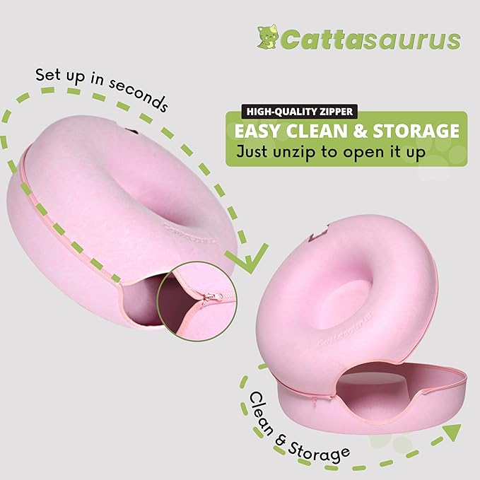CATTASAURUS Peekaboo Cat Cave for Multiple & Large Cats Up to 30-45 Lbs, Scratch Detachable & Washable Tunnel Bed, Comfy Donut Cat Cave (Pink, Large) - PAWPICO