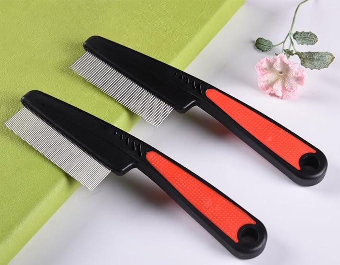 2 Pieces Fine Tooth and Wide Tooth Dog Grooming Comb - Rubber Handle Hair Comb for Small Dogs & Cats with Flea and Tick Removal (2PCS, Black Red) iluadme