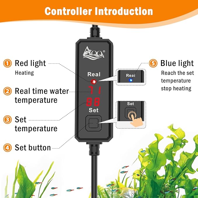 AQQA Small Aquarium Heater,Submersible Fish Tank Heater Adjustable Temperature,Mini Short Dual-use Fish Heater with LED Digital Display Thermostat,Saltwater Freshwater 50W AQQA