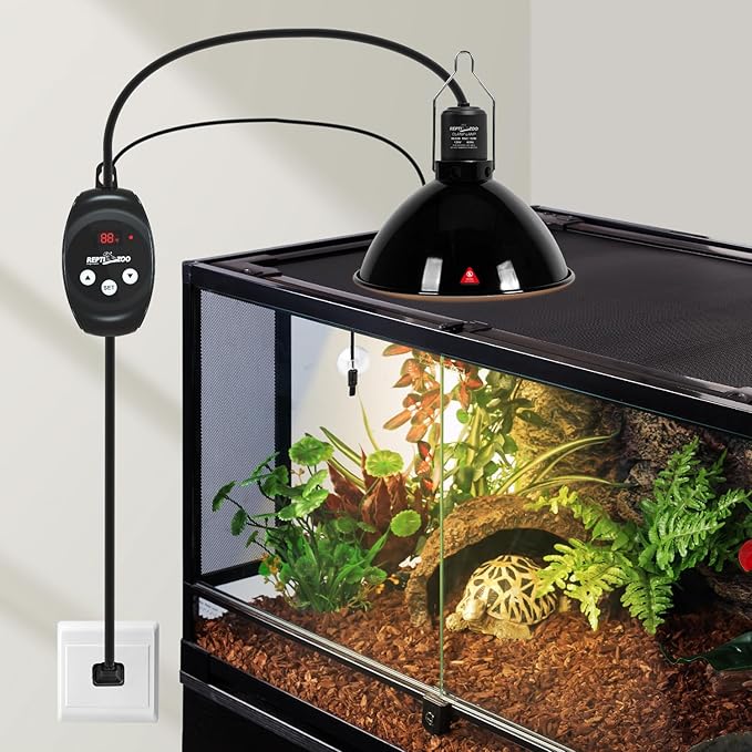 REPTIZOO Reptile Light Fixture with Dimming Thermostat, 8.5 Inch Deep Dome Lamp Fixture with Reptile Heat Lamp Bulb Temperature Controller Reptile Dimming Thermostat Max 150W REPTIZOO