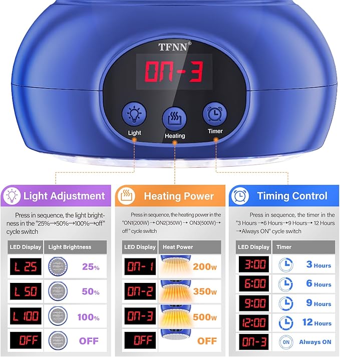 Chicken Coop Heater Lamps,200W-350W-500W Reptile Heating Lamp with UVA UVB Ligh 3-6-9-12H Timer,Protable Greenhouse Heater for Outdoor Chicken Coop Indoor Reptile Rabbits Dog Cats (Blue) TFNN