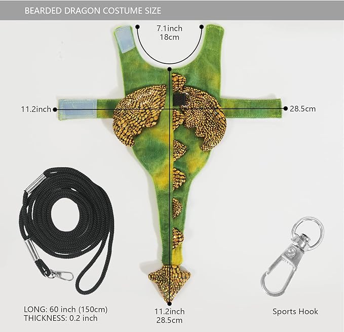 Bearded Dragon Dinosaur Costume with Harness, Bearded Dragon Halloween Costume, Beardie Durable Nylon Leash & Clothes, Tank Accessories for Lizard Reptile Small Pet Rabbit (Small Size) WELCOME
