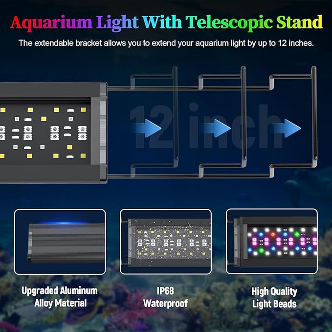Aquarium Light for Fish Tank, Full Spectrum LED Aquarium Light for Plants, Adjustable Brightness, Timer Auto On/Off, White Blue Red Green Pink LEDs with Extendable Brackets for 48-54 Inch Tanks KINGDANS