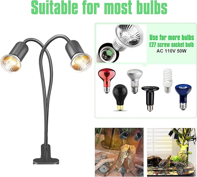 Reptile Heat Lamp, Dual-Head UVA/B Reptile Light with 3/6/12H Cycle Timer, Basking Light for Reptile Turtle Bearded Dragon Lizards Snake, E26/27 Base with 4 Bulbs (2PCS 50W and 2PCS 75W) DTZYServiceforYourLife