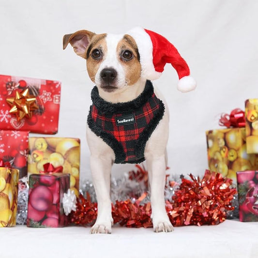 SCENEREAL Small Dog Harness Collar and Leash Set, Warm Fleece No Pull Puppy Vest Harness, Christmas Dog Outfit No Chock Adjustible Step in Pet Halter for Outdoor Walking Training, Red Plaid S SCENEREAL