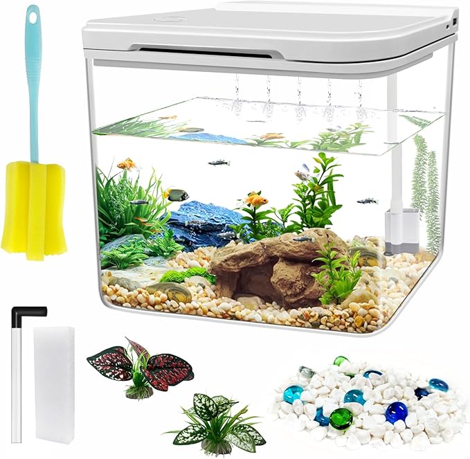 0.8 Gallon Small Fish Tank Kit, Aquarium Starter Kit with Super-Quiet Water Pump, Rain Filtration, Self Cleaning Filtration, LED Light, Easy Changing Water (White) Moonorange