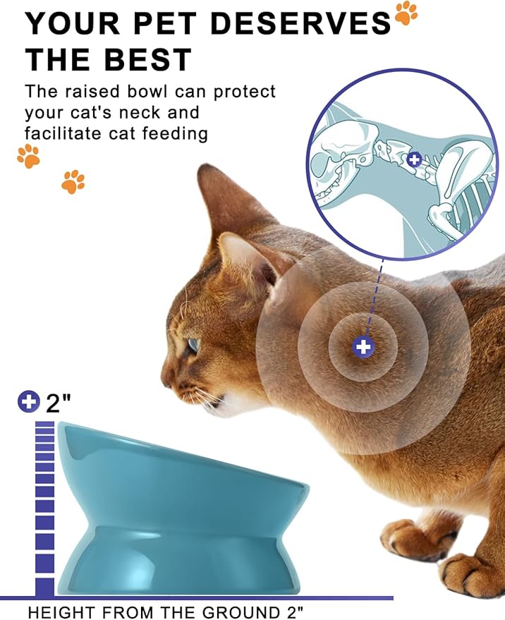 Y YHY Elevated Cat Food Bowl, Ceramic Raised Cat Bowl, Tilt Angle Protect Cat's Spine, Anti Vomiting Cat Dish, Backflow Prevention, Lake Blue - PAWPICO