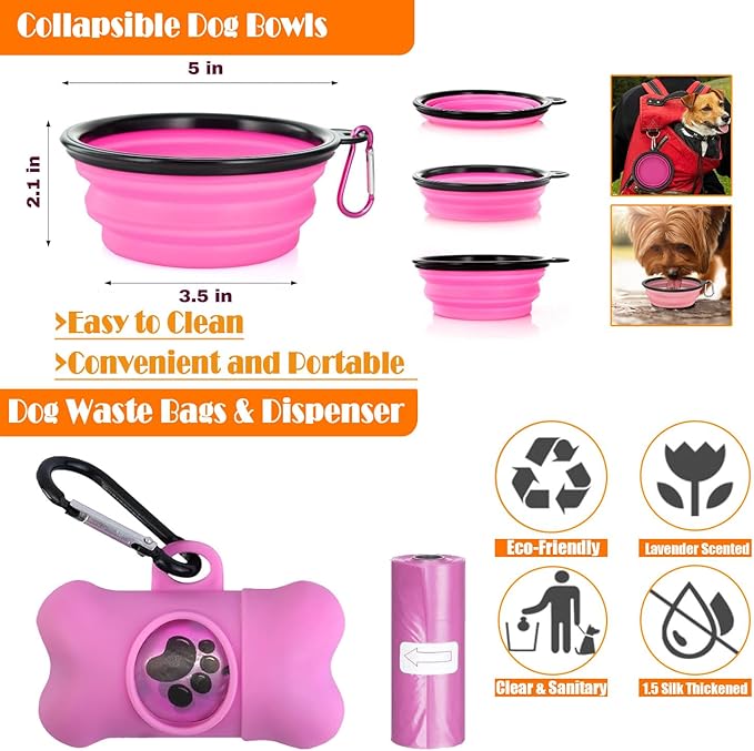No Pull Dog Harness, Collar & Leash Set | Includes Dog Seat Belt, Collapsible Bowls & Poop Bag Dispenser. Ideal for Training, Walking, Hiking. Fits Small to Large Dogs(Pink-M) Lovebegetslove