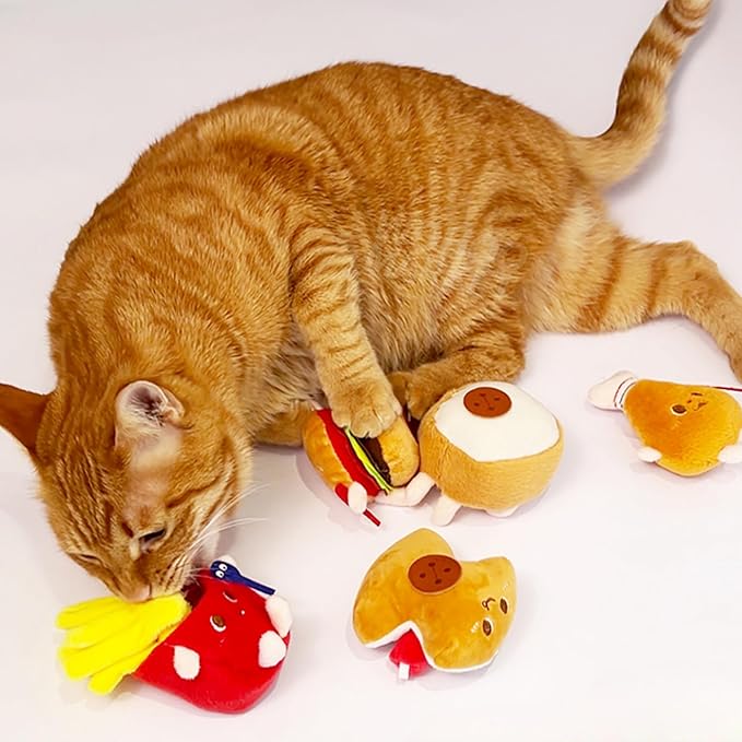 Cat Toys Hamburger, 5 Pack Catnip Toys Bread for Indoor Cats, Cute Durable Kitten Chew Toys, Interactive Cat Kicker Toys for All Breeds, Catmint Kitten Teething Toys - PAWPICO