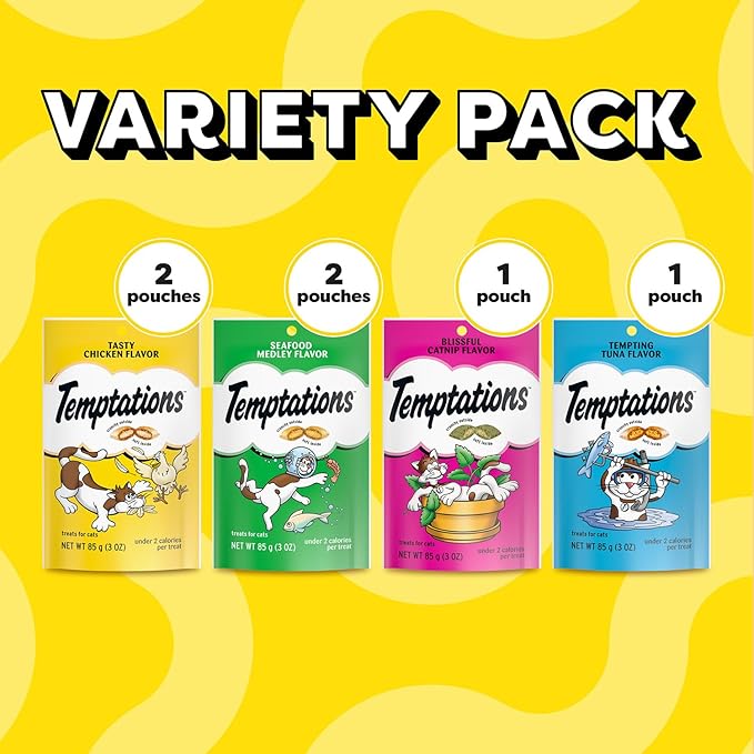 Temptations Classic Crunchy and Soft Cat Treats Feline Favorites Variety Pack, 3 oz. Pouches, Pack of 6 Temptations