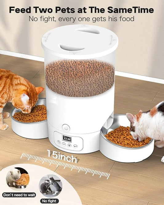 SURDY Automatic Cat Feeder for 2 Cats, 3L Cat Food Dispenser Auto Cat Feeder with 2 Stainless Bowls, 10s Meal Call Dual Power Supply and Timer Setting 12 Portions 6 Meals Per Day for Cats (White, 3L) - PAWPICO