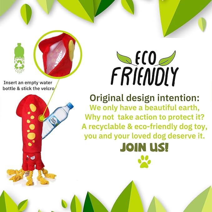Water Bottle Dog Toys - Dog Puzzle Squeaky Enrichment Treat Dispensing Rope Snuffle Plush Toys, No Stuffing Durable Soft Crunchy Toys for Small Medium Large Dogs Puppy - Octopus Squid - PAWPICO